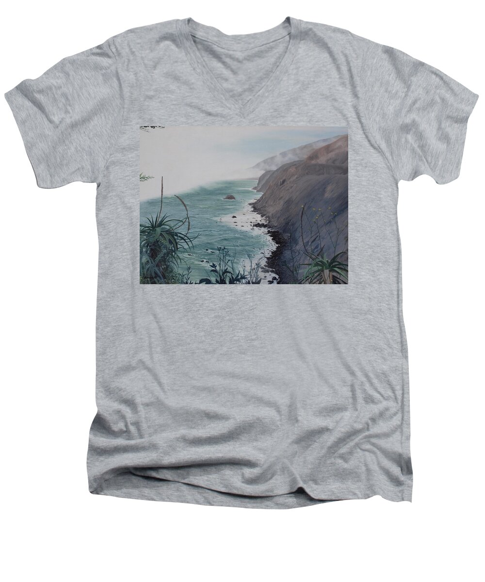 California Men's V-Neck T-Shirt featuring the painting A fog creeps in by Barbara Barber