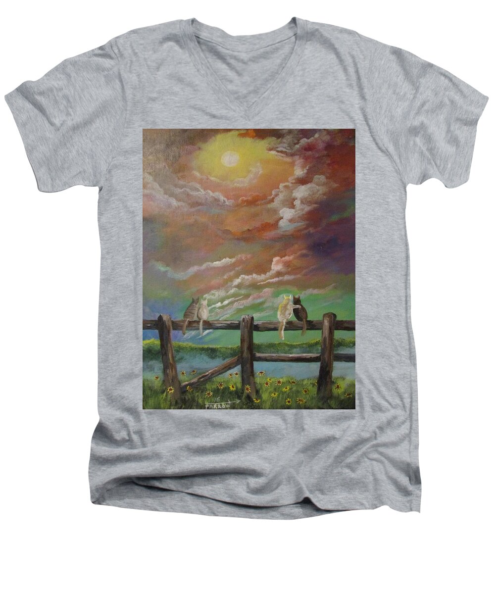 Kitties Under The Full Moon Men's V-Neck T-Shirt featuring the painting A Springtime Lovers Moon by Dave Farrow