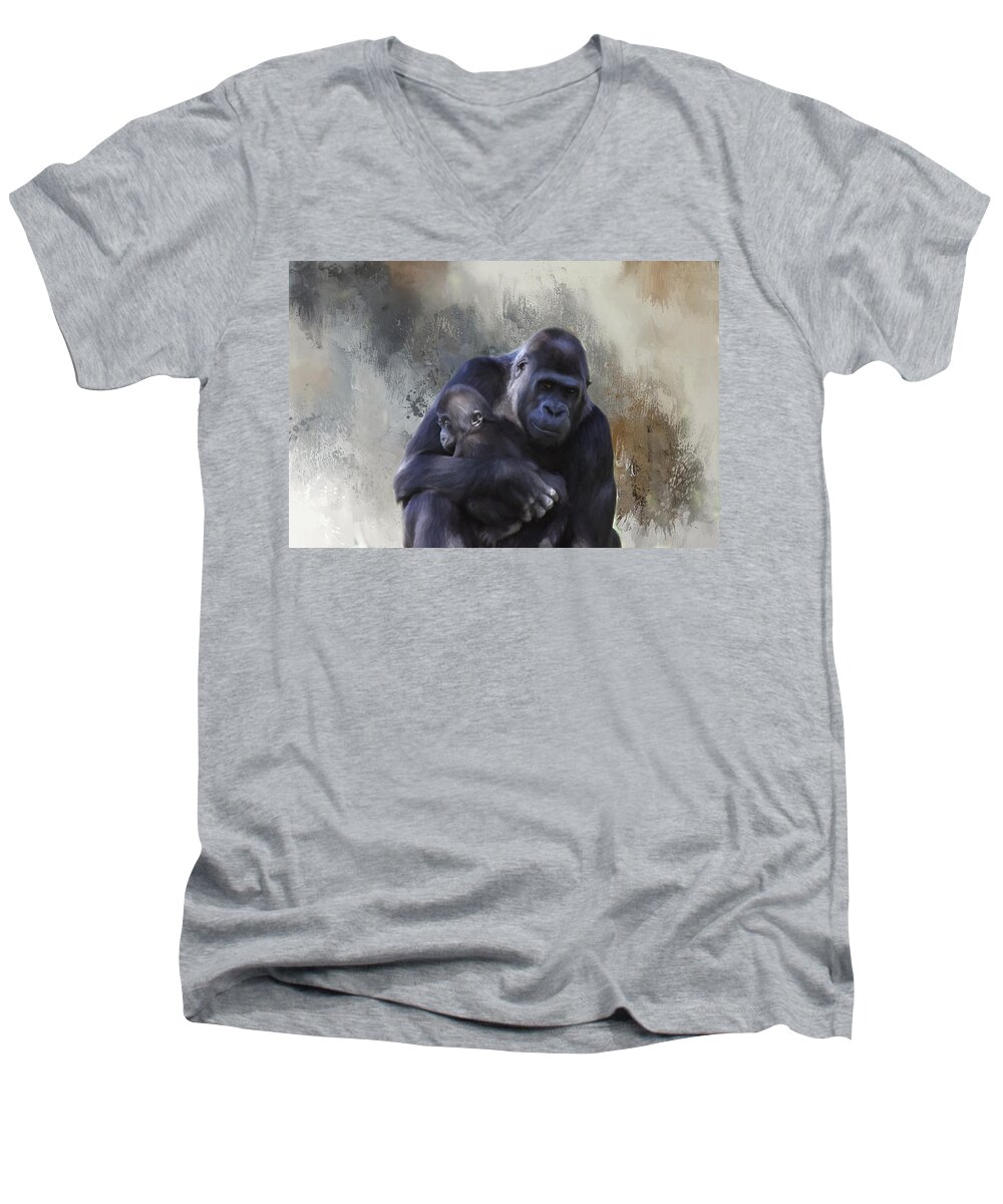 Gorilla Men's V-Neck T-Shirt featuring the photograph A Mother's Love by Kim Hojnacki