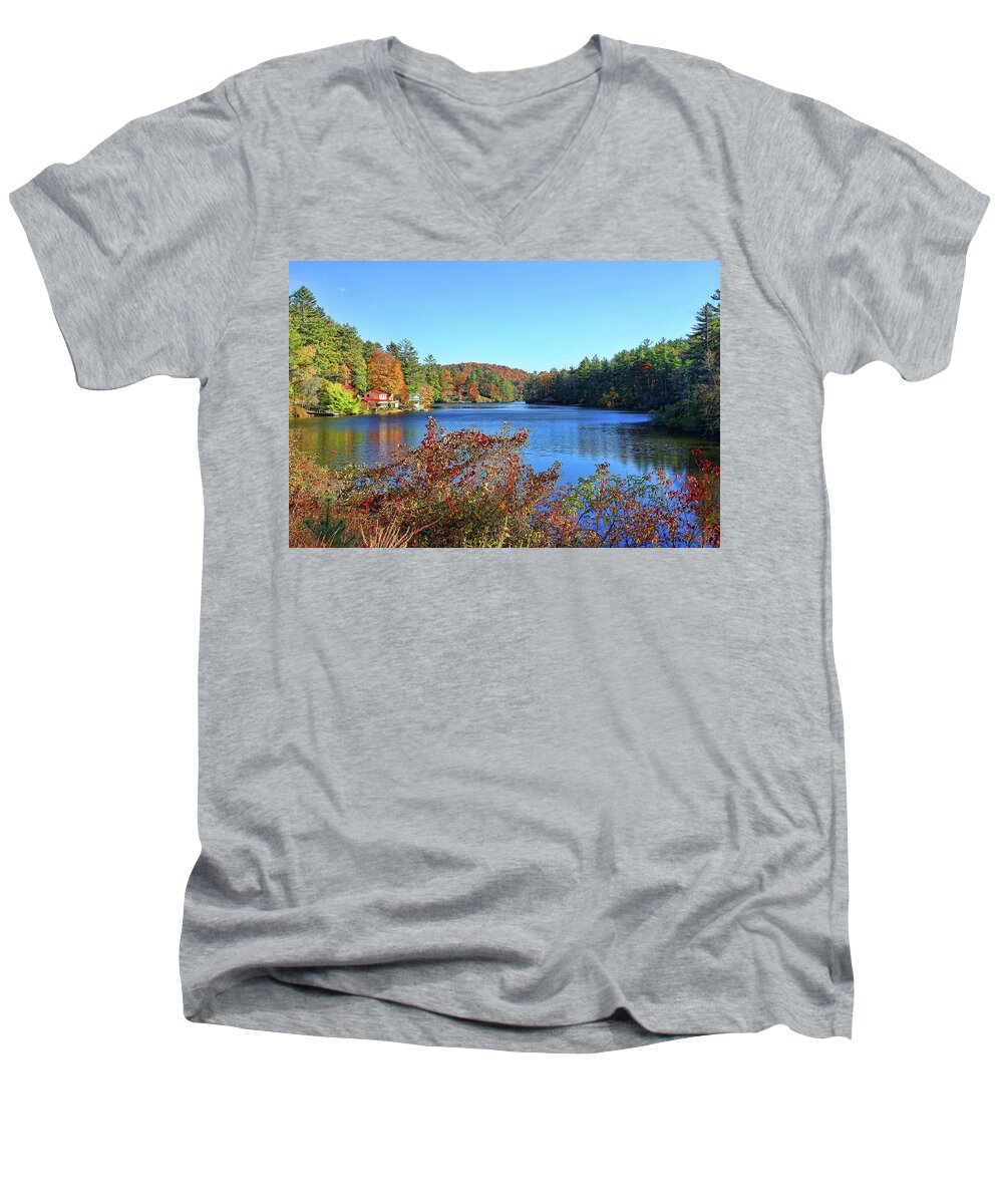 Lake Sequoyah Men's V-Neck T-Shirt featuring the photograph A North Carolina Autumn by HH Photography of Florida