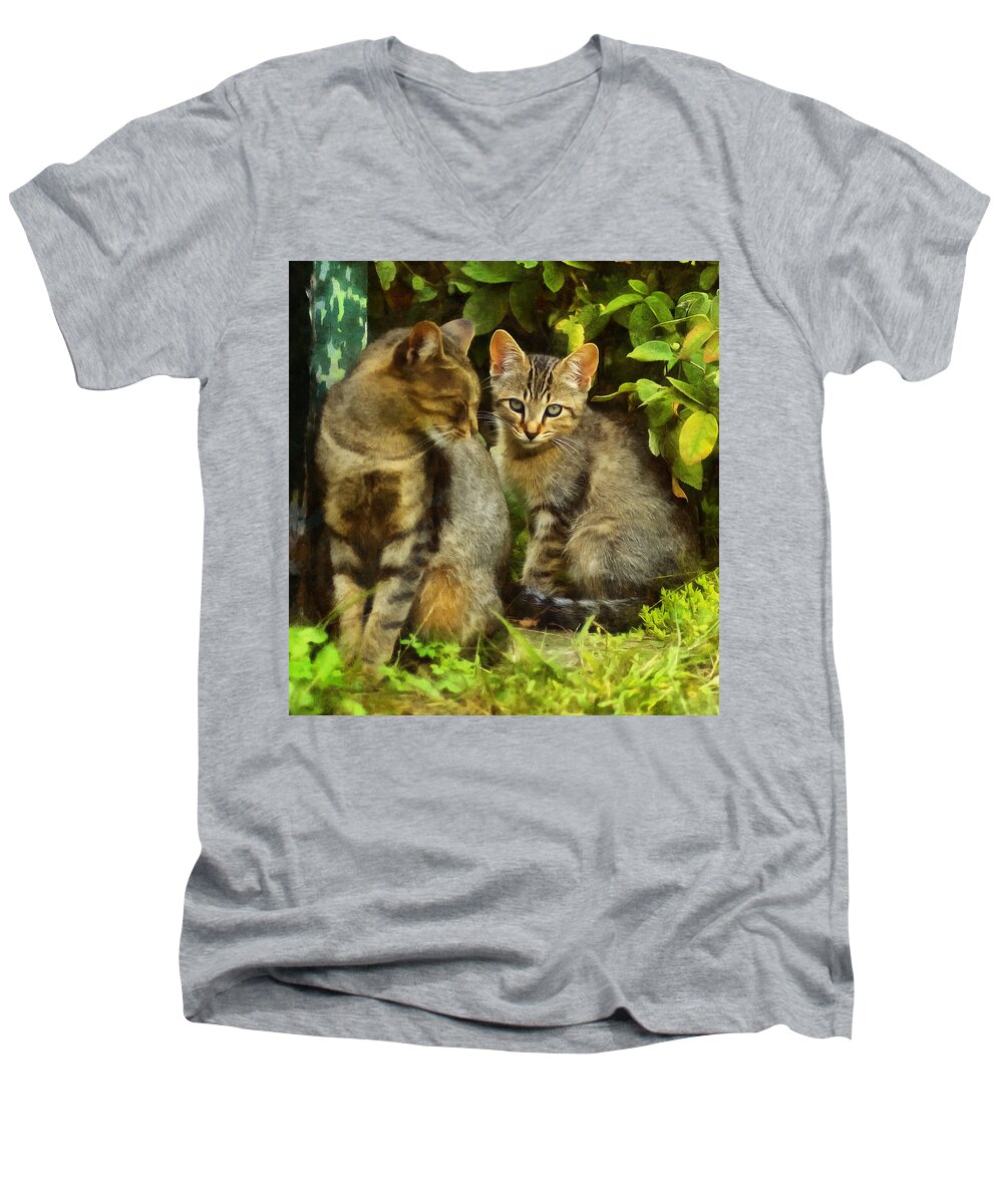 Cat Men's V-Neck T-Shirt featuring the digital art A Pair of Feral Cats by JGracey Stinson