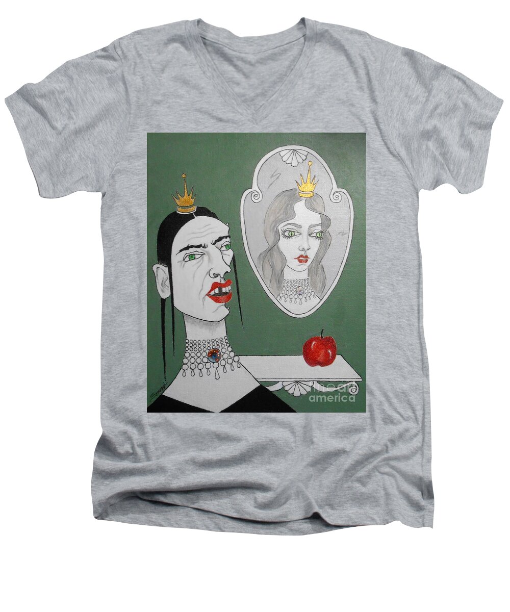 Snow White Men's V-Neck T-Shirt featuring the mixed media A Queen, Her Mirror and an Apple by Jayne Somogy