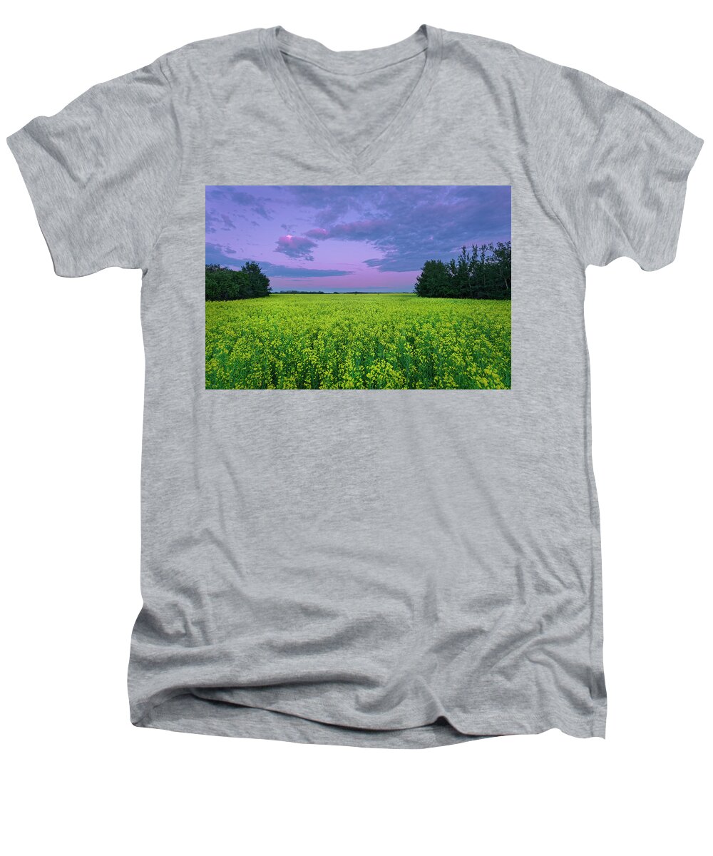 Canola Men's V-Neck T-Shirt featuring the photograph A Quiet Evening in Alberta by Dan Jurak