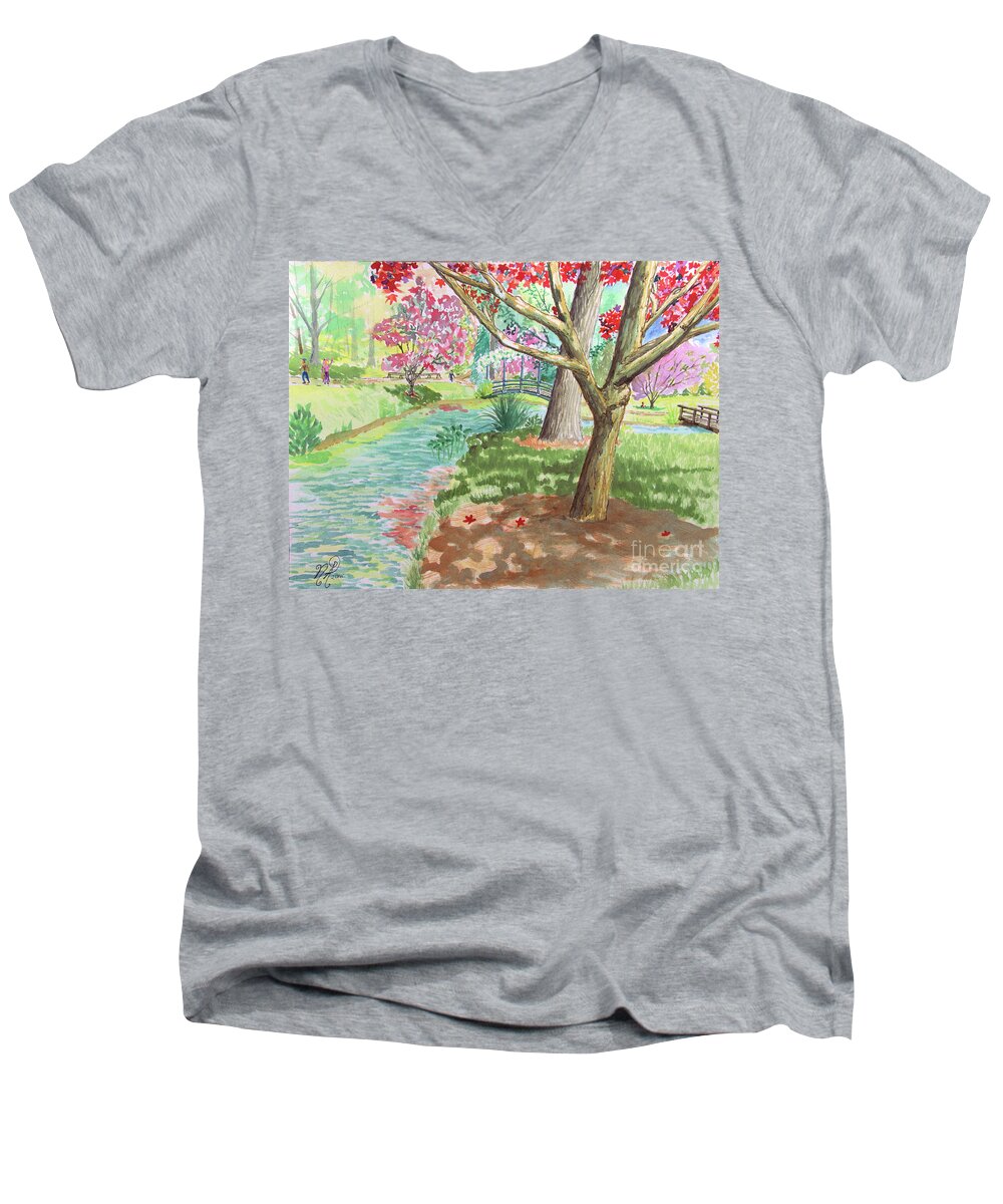 Garden Men's V-Neck T-Shirt featuring the painting A quiet stroll in the Japanese Gardens of Gibbs Gardens by Nicole Angell
