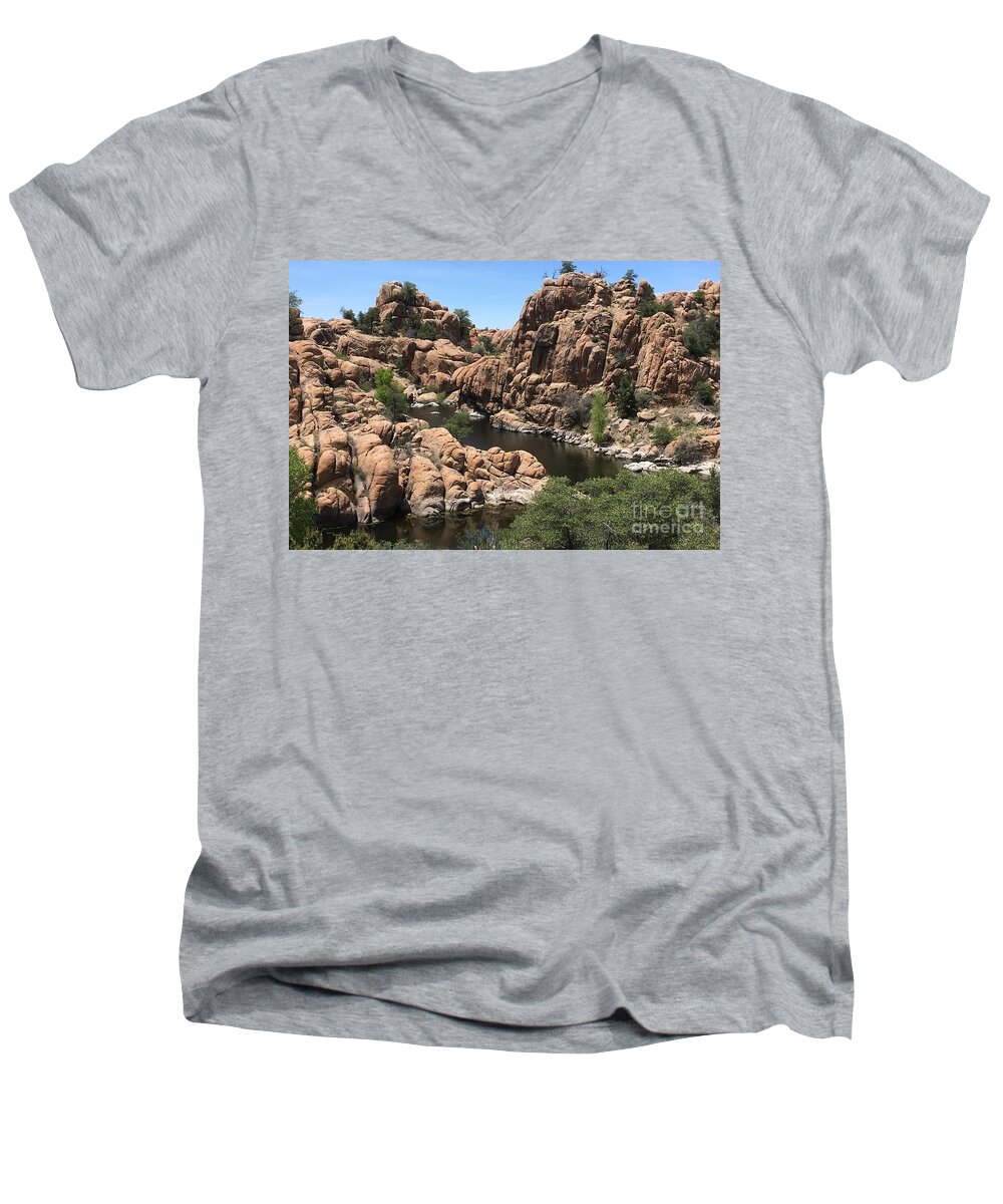 Rocks Men's V-Neck T-Shirt featuring the photograph A River Runs Through It by Pamela Henry