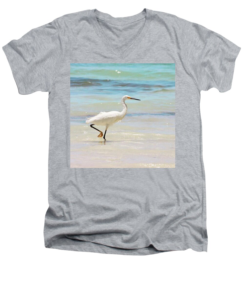 Egret Men's V-Neck T-Shirt featuring the photograph A Snowy Egret (egretta Thula) At Mahoe by John Edwards