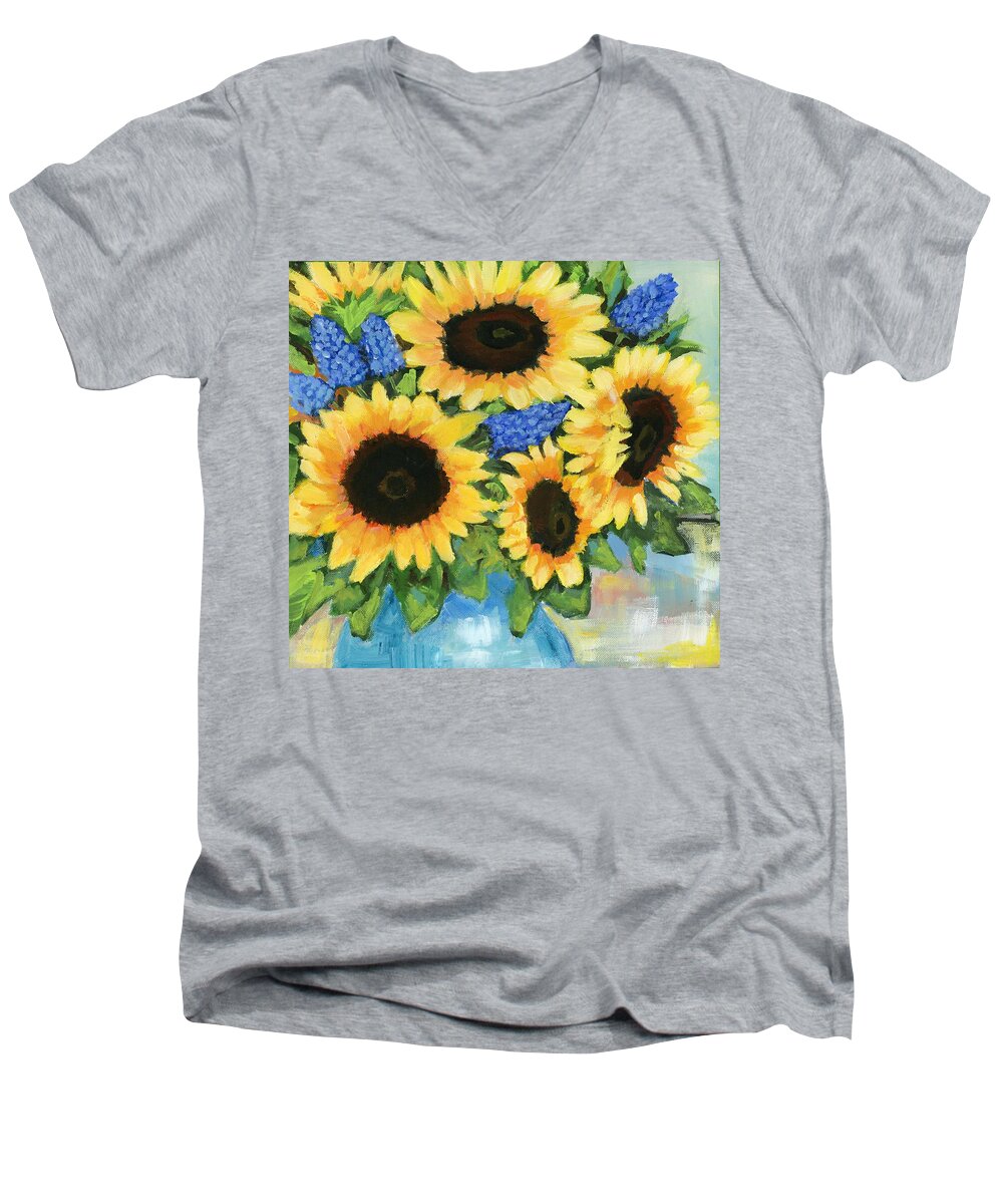 Sunflowers Men's V-Neck T-Shirt featuring the painting A Sunny Arrangement by Debbie Brown