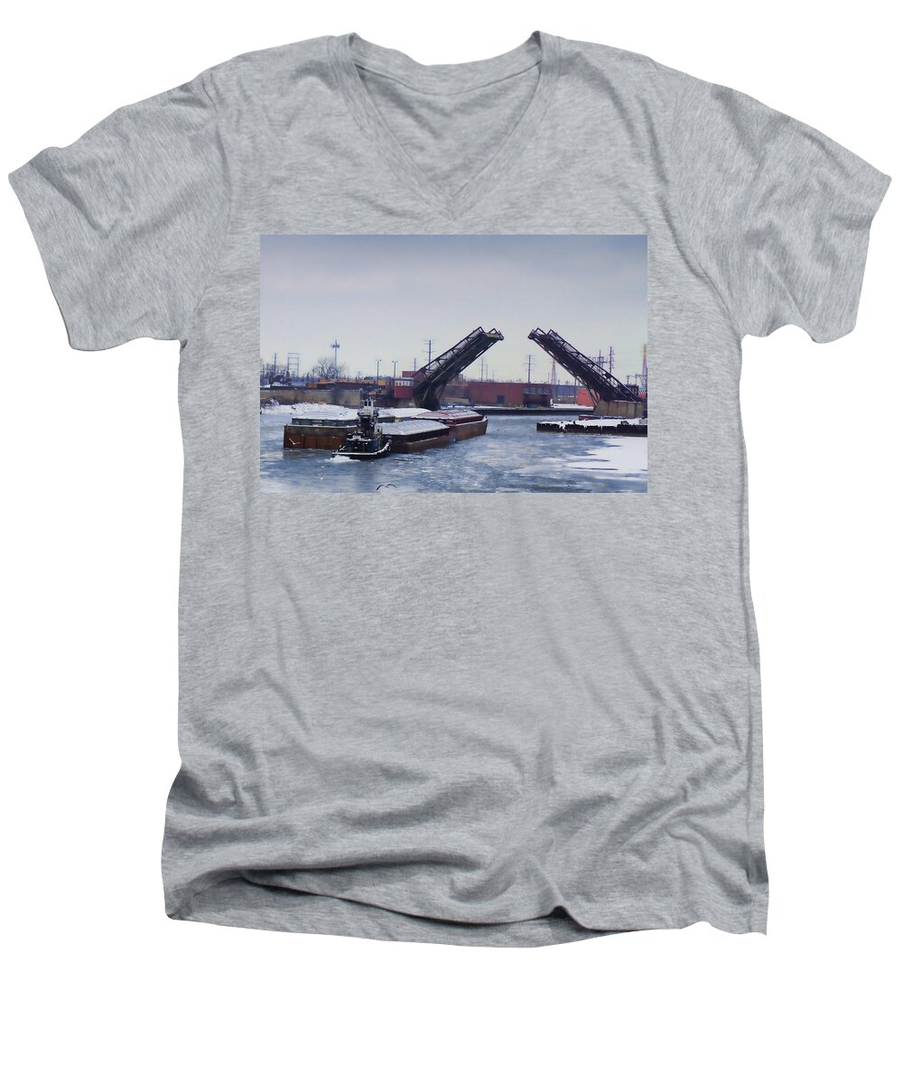 Tug Boat Men's V-Neck T-Shirt featuring the photograph A tug boat pushing a barge out to the lake by Sven Brogren