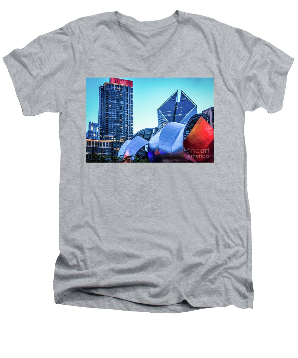 Chicago Men's V-Neck T-Shirt featuring the photograph A View from Millenium Park at Dusk by David Levin