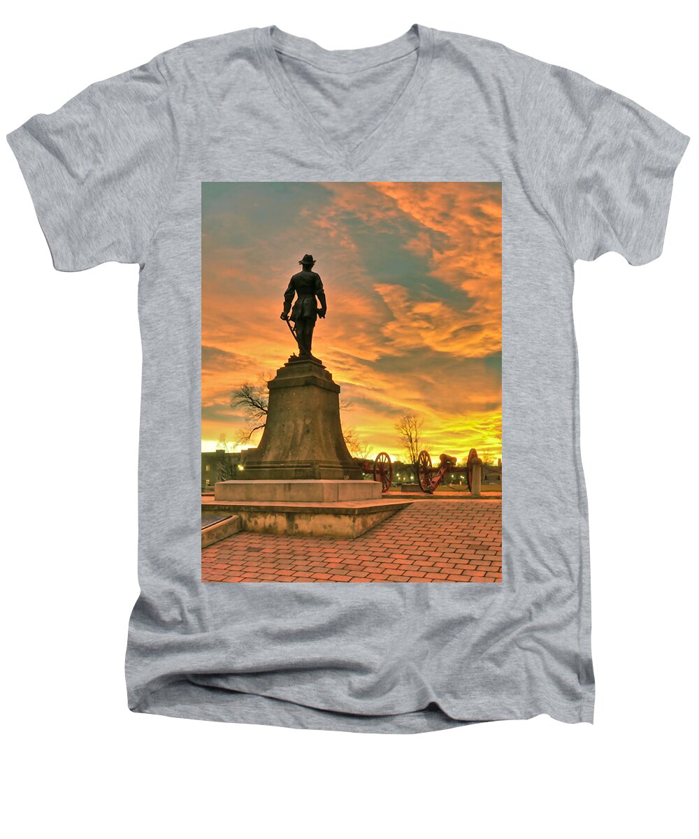 Virginia Military Institute Men's V-Neck T-Shirt featuring the photograph A VMI Sunset by Don Mercer