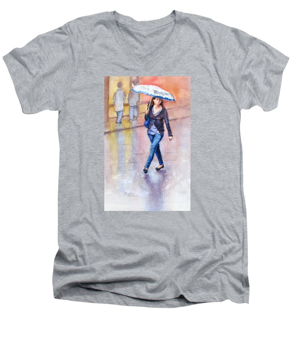 Rain Men's V-Neck T-Shirt featuring the painting A Walk in the Rain by Bonnie Rinier