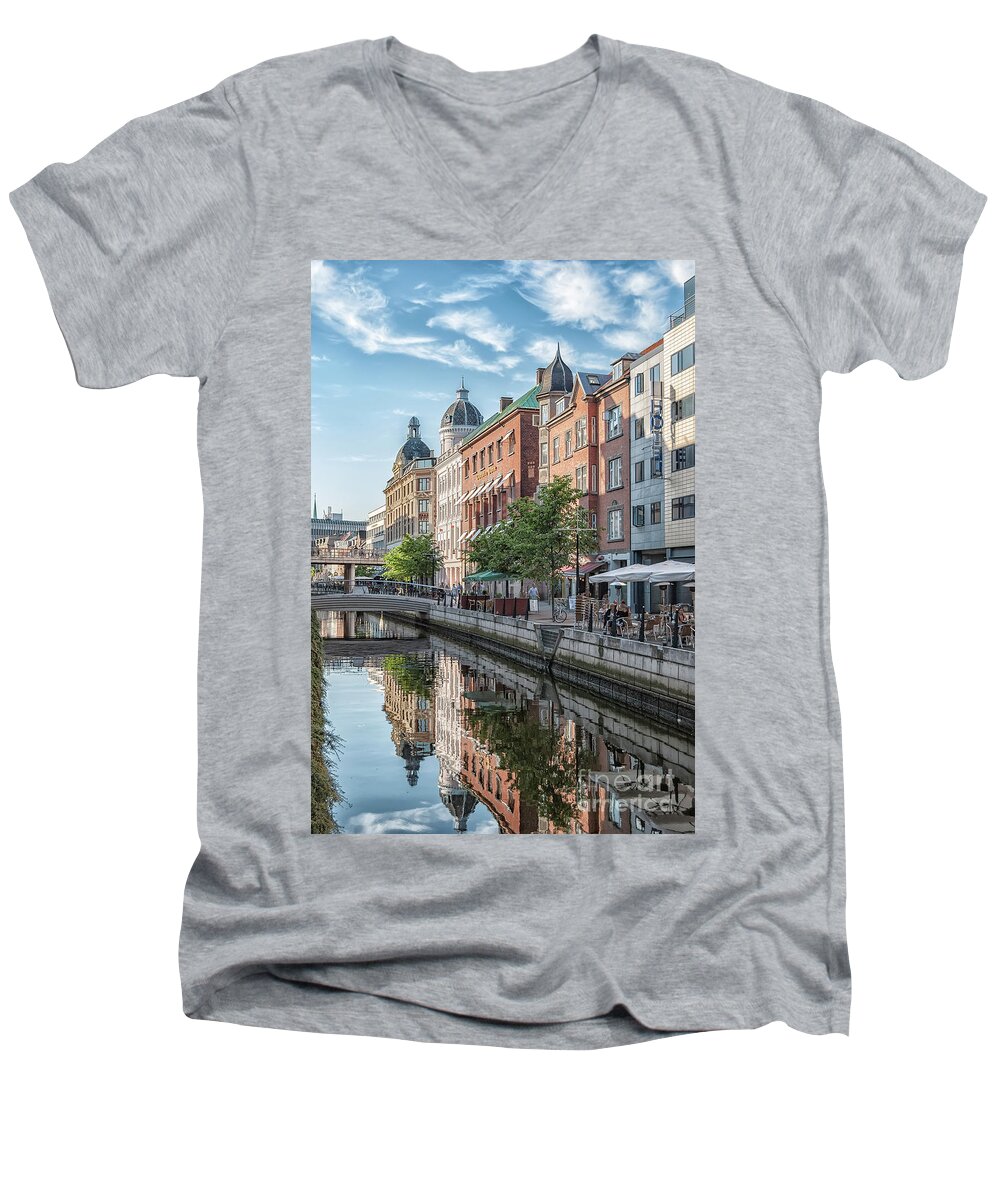 Aarhus Men's V-Neck T-Shirt featuring the photograph Aarhus Afternoon Canal Scene by Antony McAulay