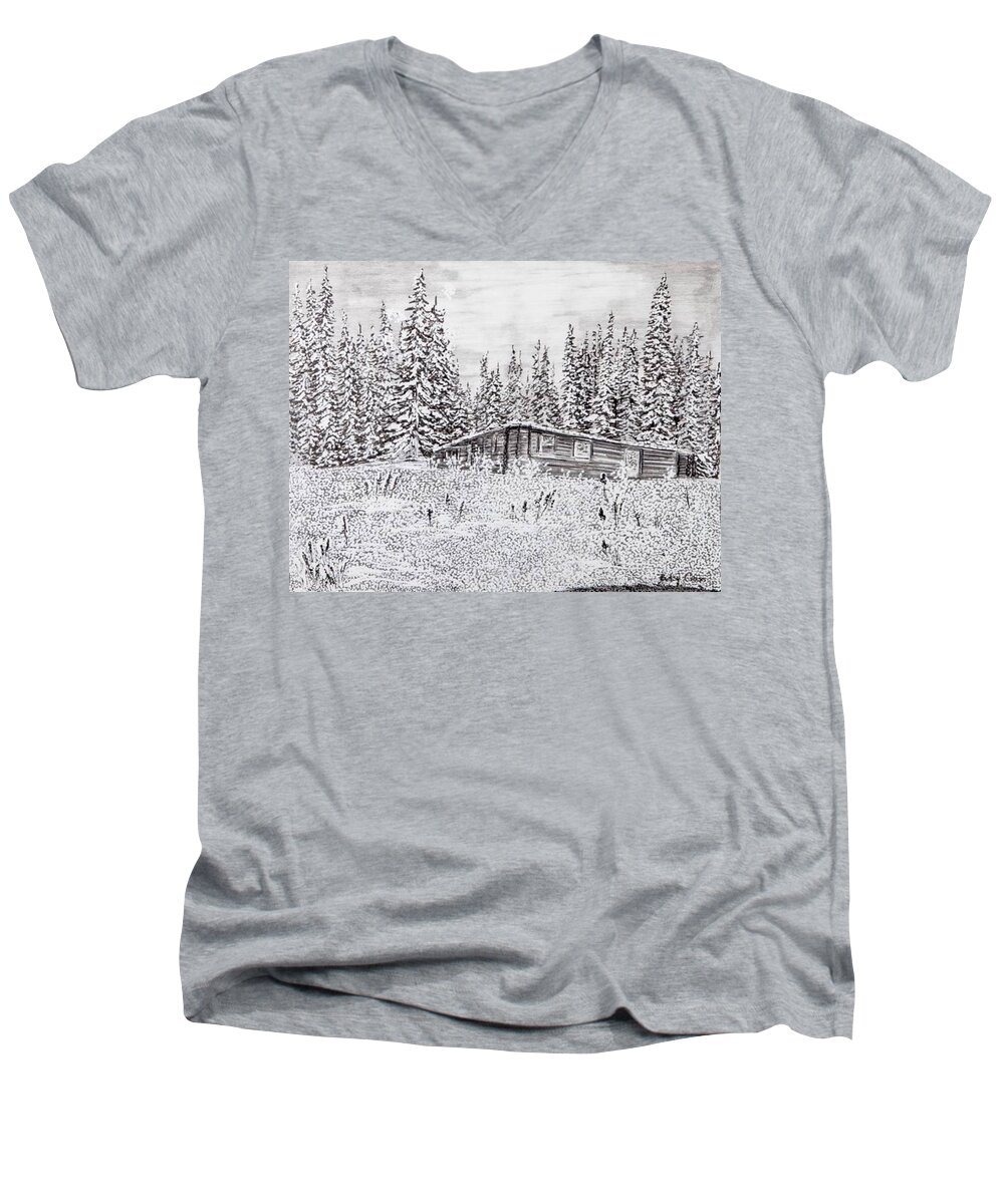 Pen And Ink Men's V-Neck T-Shirt featuring the drawing Abandoned Cabin by Betsy Carlson Cross