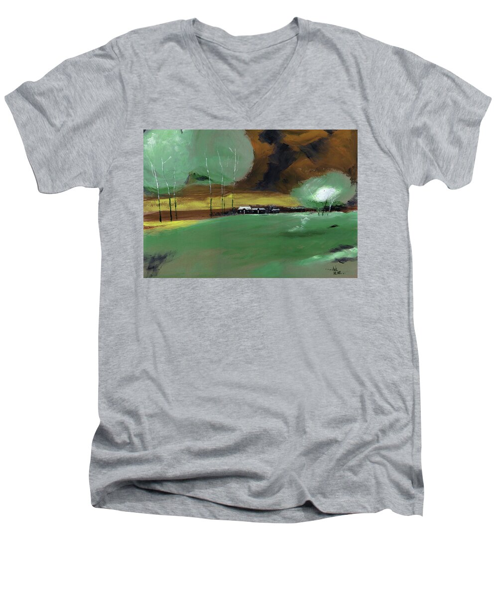 Nature Men's V-Neck T-Shirt featuring the painting Abstract Landscape by Anil Nene