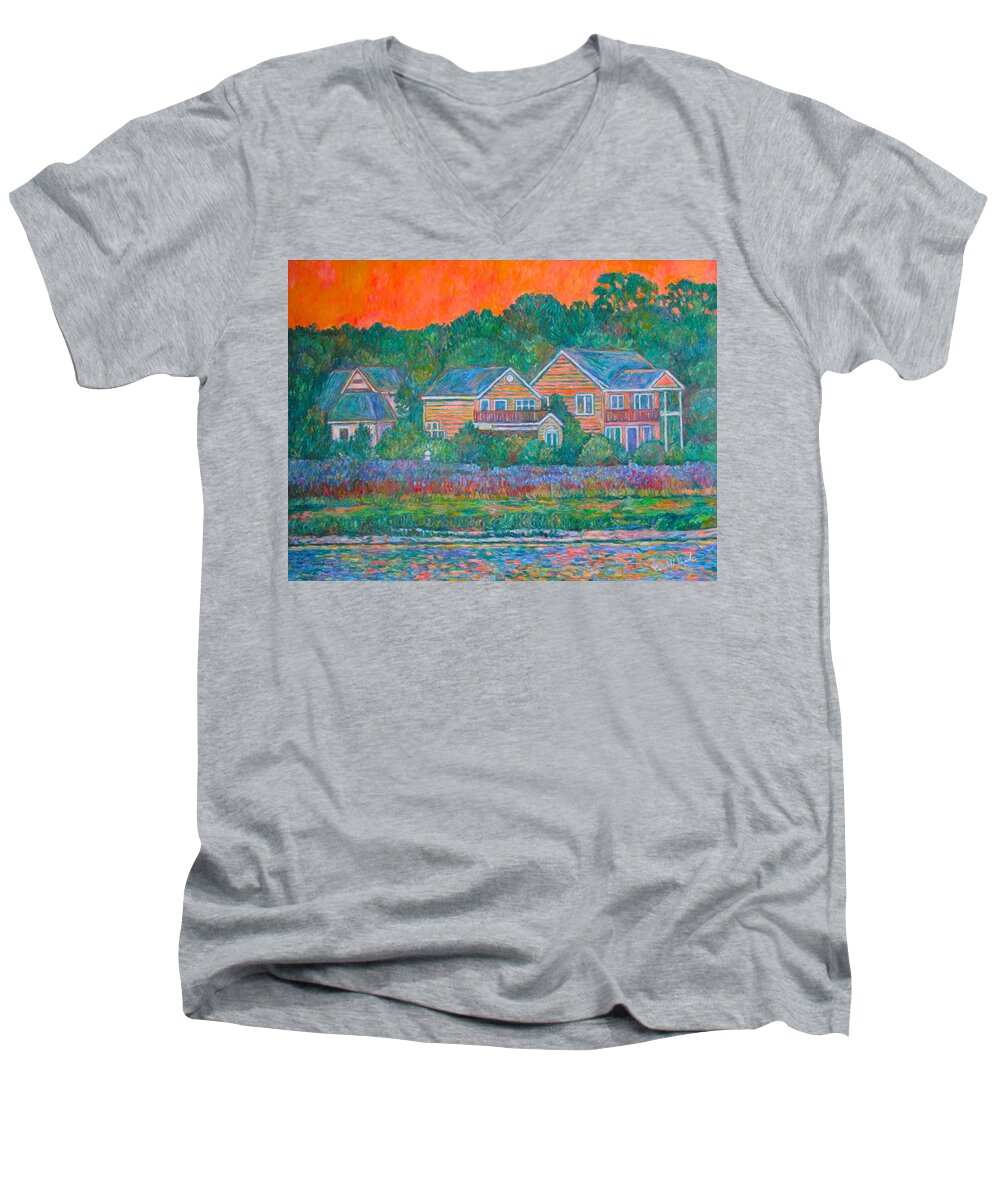Landscape Men's V-Neck T-Shirt featuring the painting Across the Marsh at Pawleys Island    by Kendall Kessler