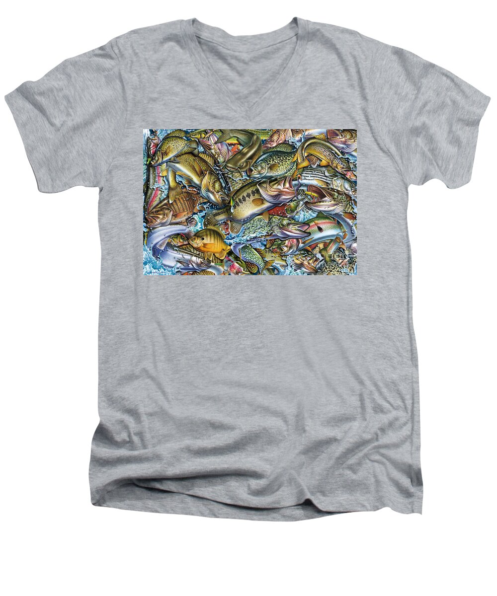 Jon Q Wright Men's V-Neck T-Shirt featuring the painting Action Fish Collage by JQ Licensing
