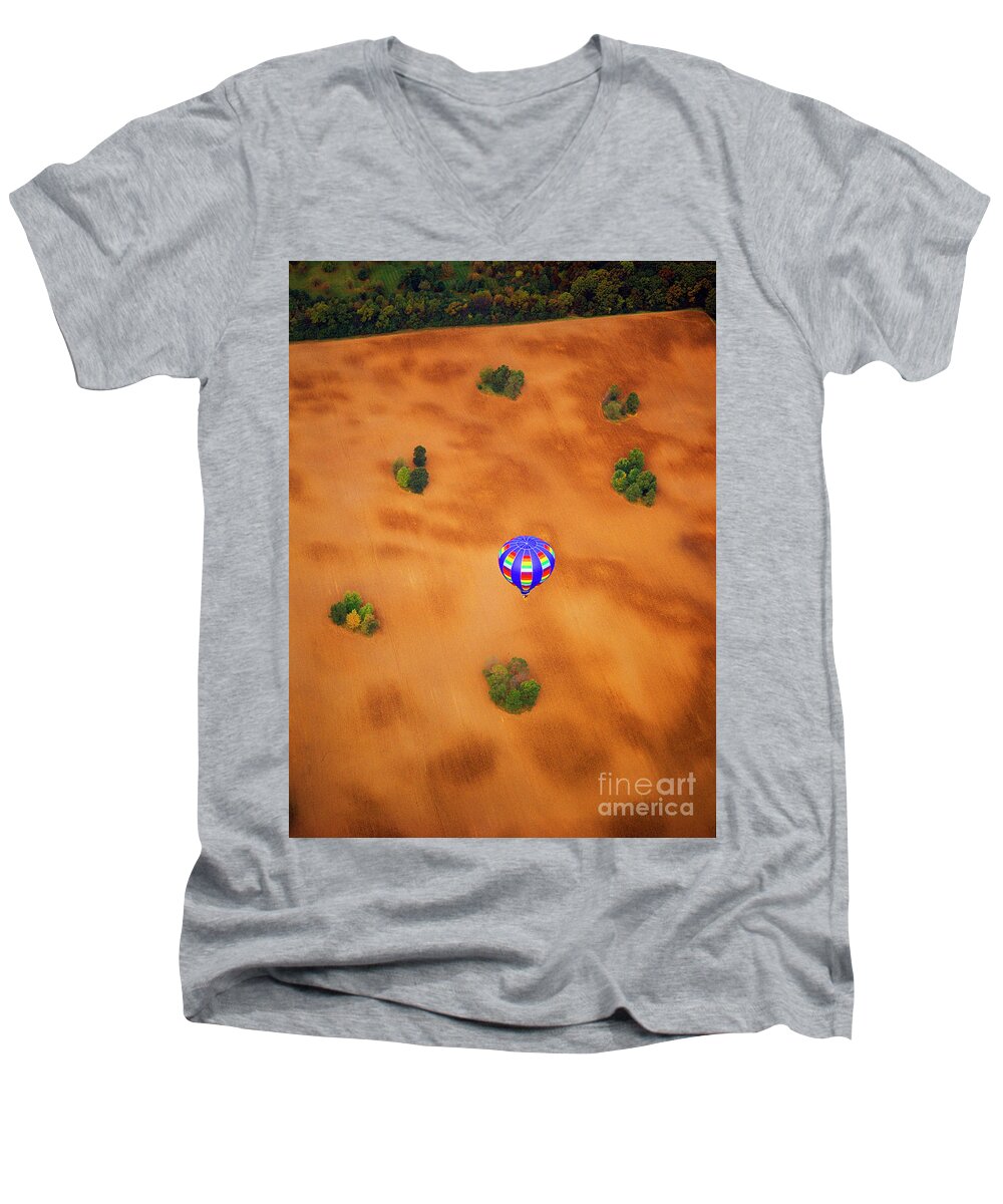  Aerial Men's V-Neck T-Shirt featuring the photograph Aerial of Hot Air Balloon above tilled field fall by Tom Jelen