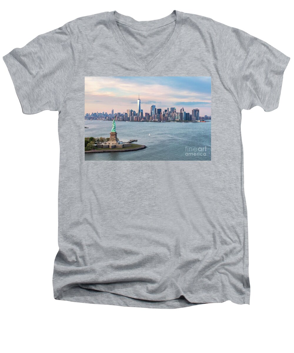 Architecture Men's V-Neck T-Shirt featuring the photograph Aerial of the Statue of Liberty and Manhattan skyline, New York, by Matteo Colombo