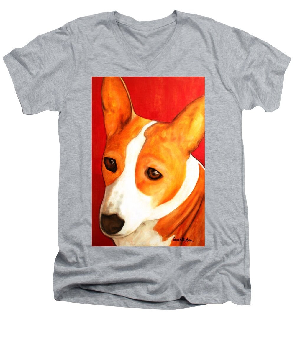 Dog Paintings Men's V-Neck T-Shirt featuring the painting African Basenji - Kia by Laura Grisham