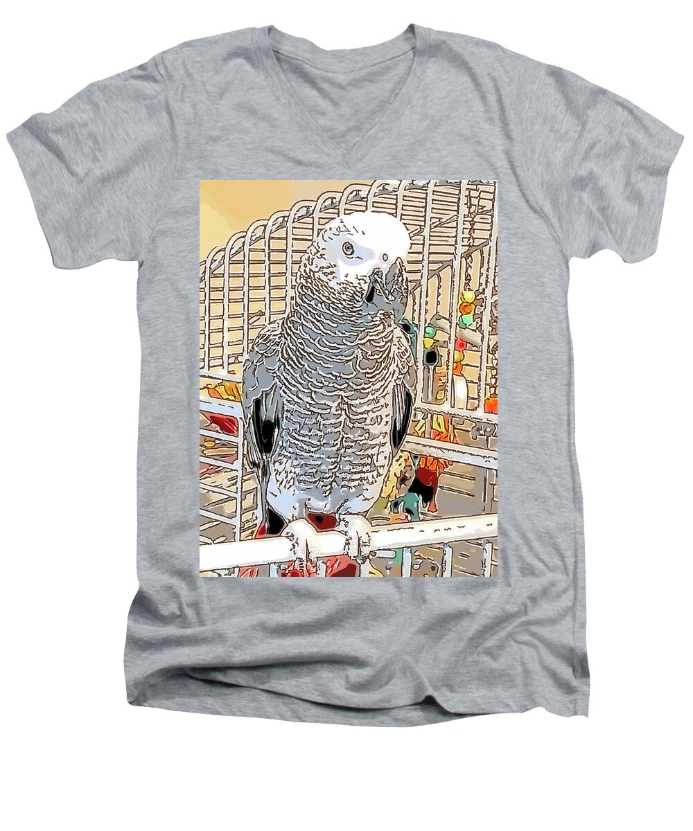 Pencil Men's V-Neck T-Shirt featuring the photograph African Grey Parrot in pencil by Jennifer Grossnickle