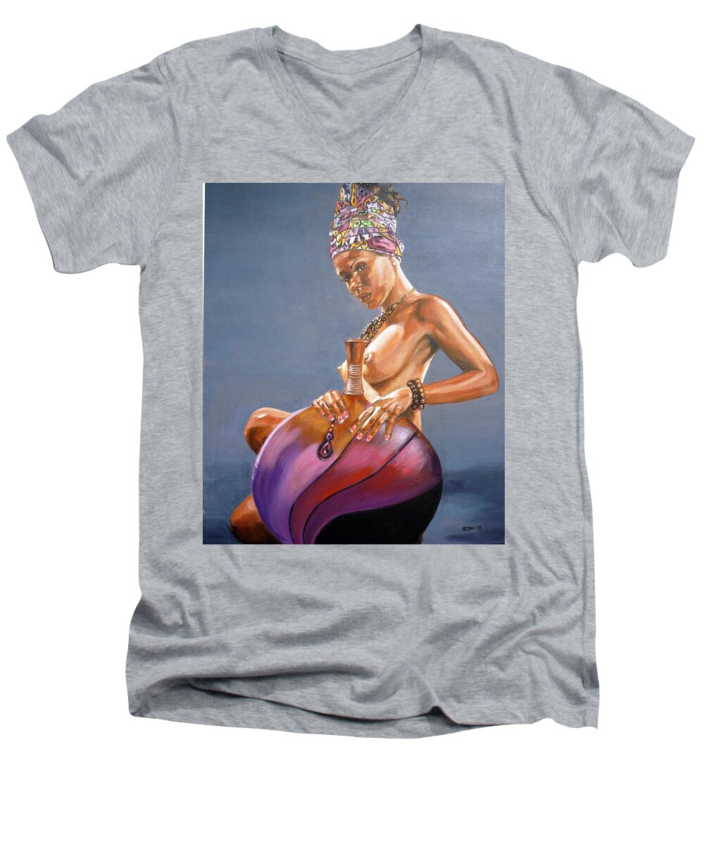 Nude Men's V-Neck T-Shirt featuring the painting African Queen by Bryan Bustard