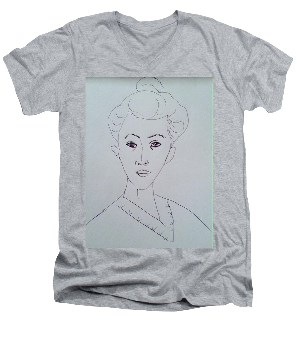Pen Portrait Men's V-Neck T-Shirt featuring the drawing After Matisse by Hae Kim