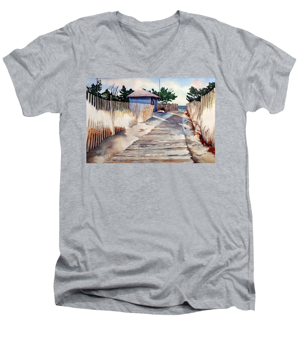 Landscape Watercolor Nature Beach Atlantic Ocean Rehoboth Beach Men's V-Neck T-Shirt featuring the painting After the Boys of Summer by Mick Williams