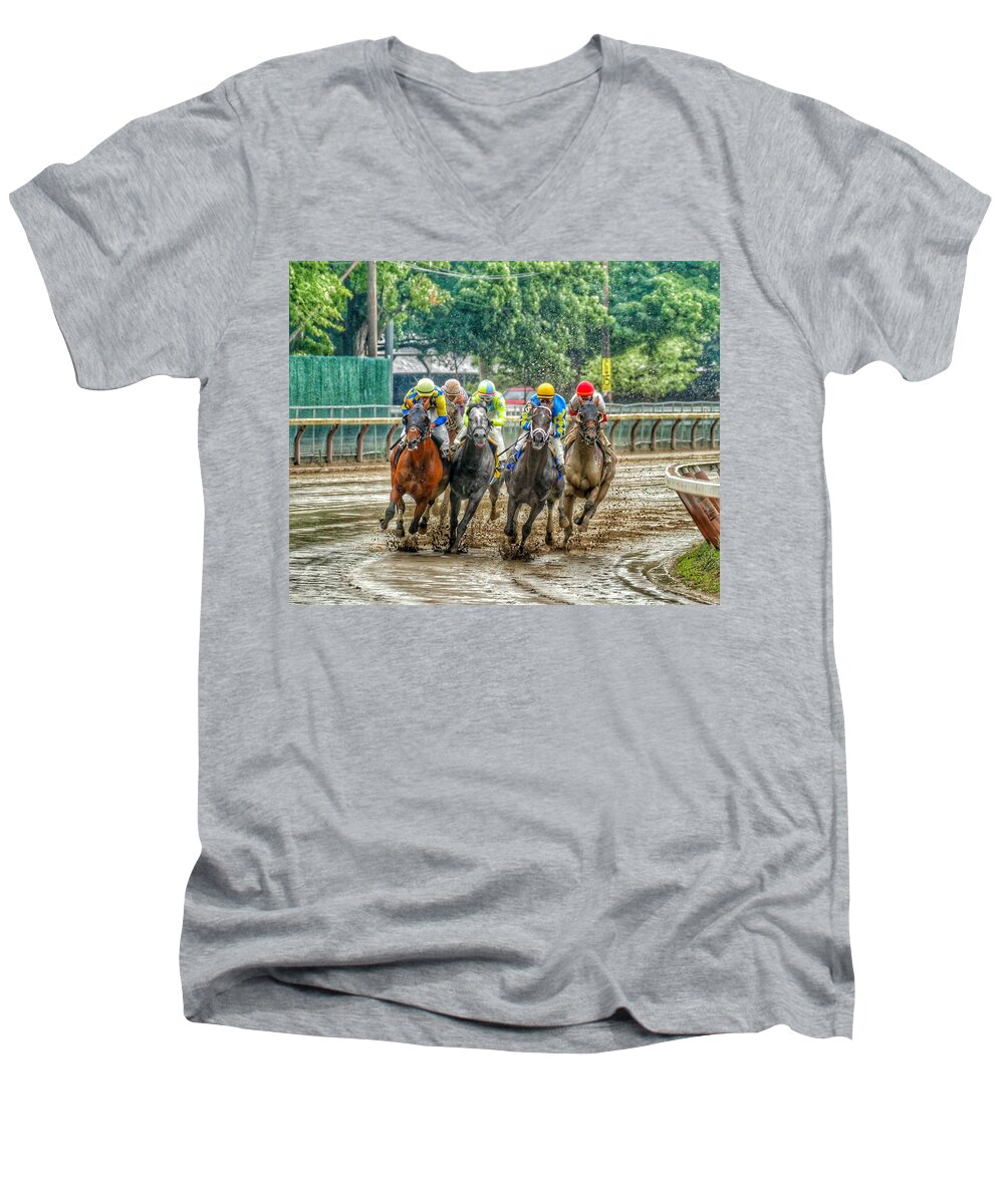 Race Horses Men's V-Neck T-Shirt featuring the photograph After the Rain by Jeffrey PERKINS