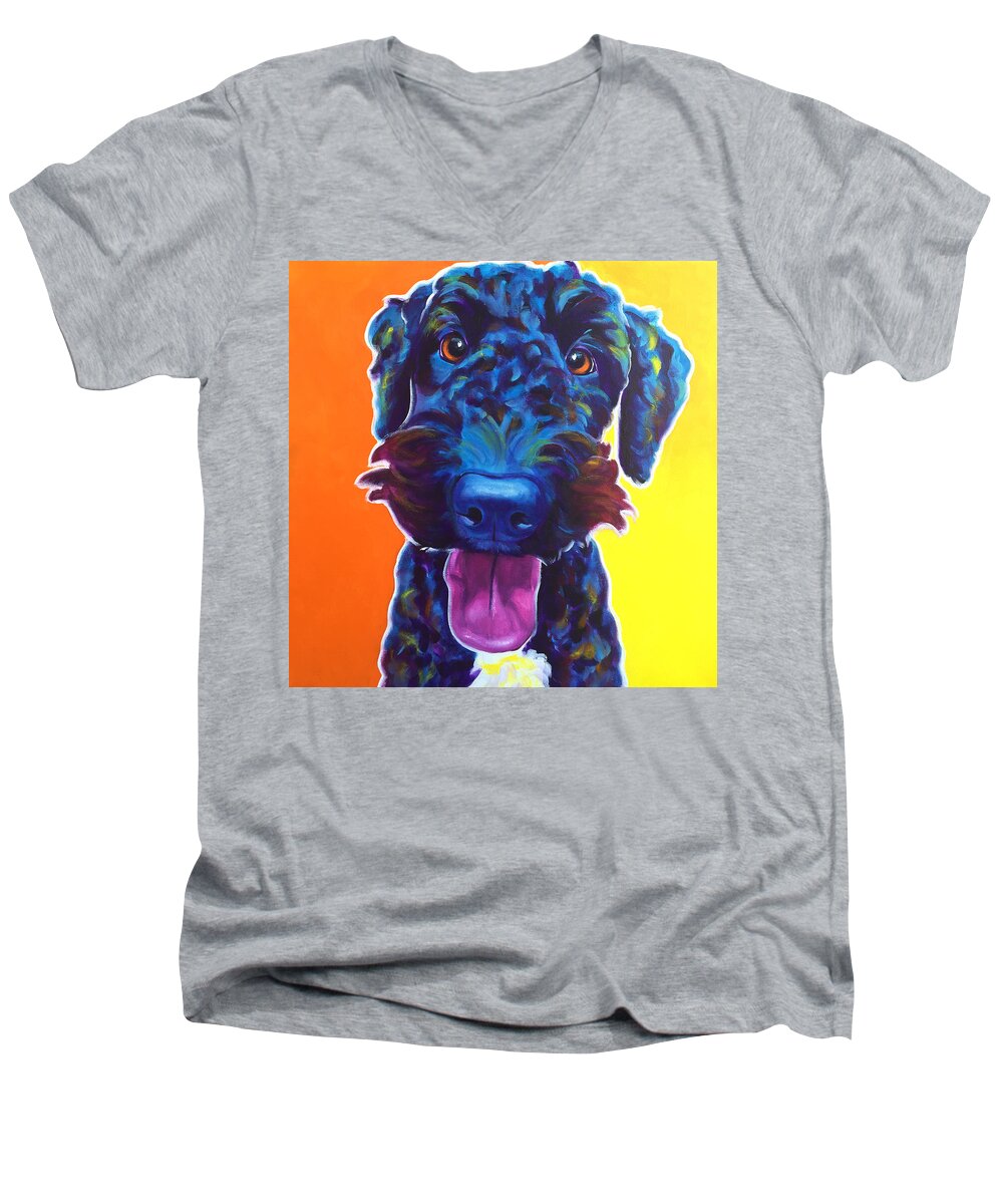Airedoodle Men's V-Neck T-Shirt featuring the painting Airedoodle - Fletcher by Dawg Painter
