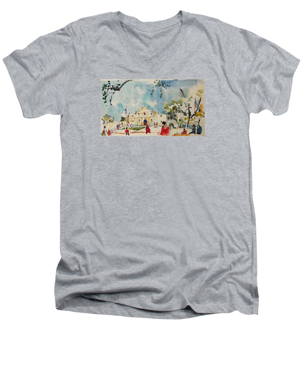 Watercolor Men's V-Neck T-Shirt featuring the painting Alamo San Antonio by Becky Kim