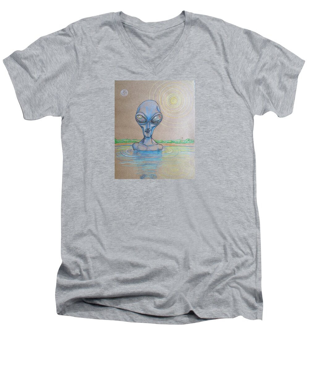 Submerged Men's V-Neck T-Shirt featuring the drawing Alien Submerged by Similar Alien