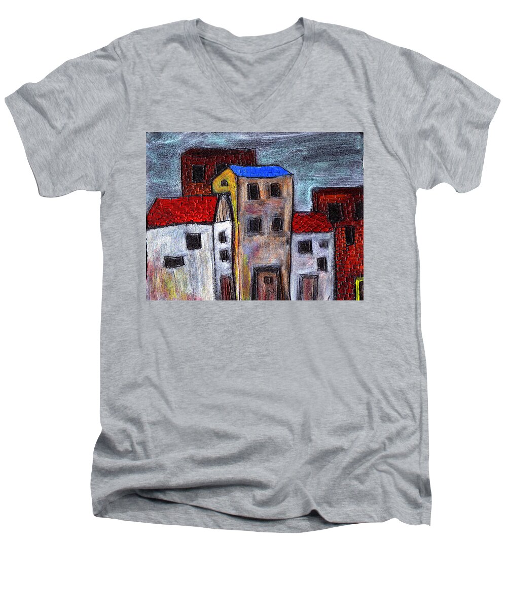 City Scene Men's V-Neck T-Shirt featuring the painting Alley Doors by Wayne Potrafka
