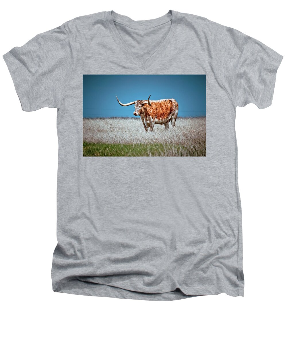 Longhorn Men's V-Neck T-Shirt featuring the photograph Alone on the Trail by Linda Unger