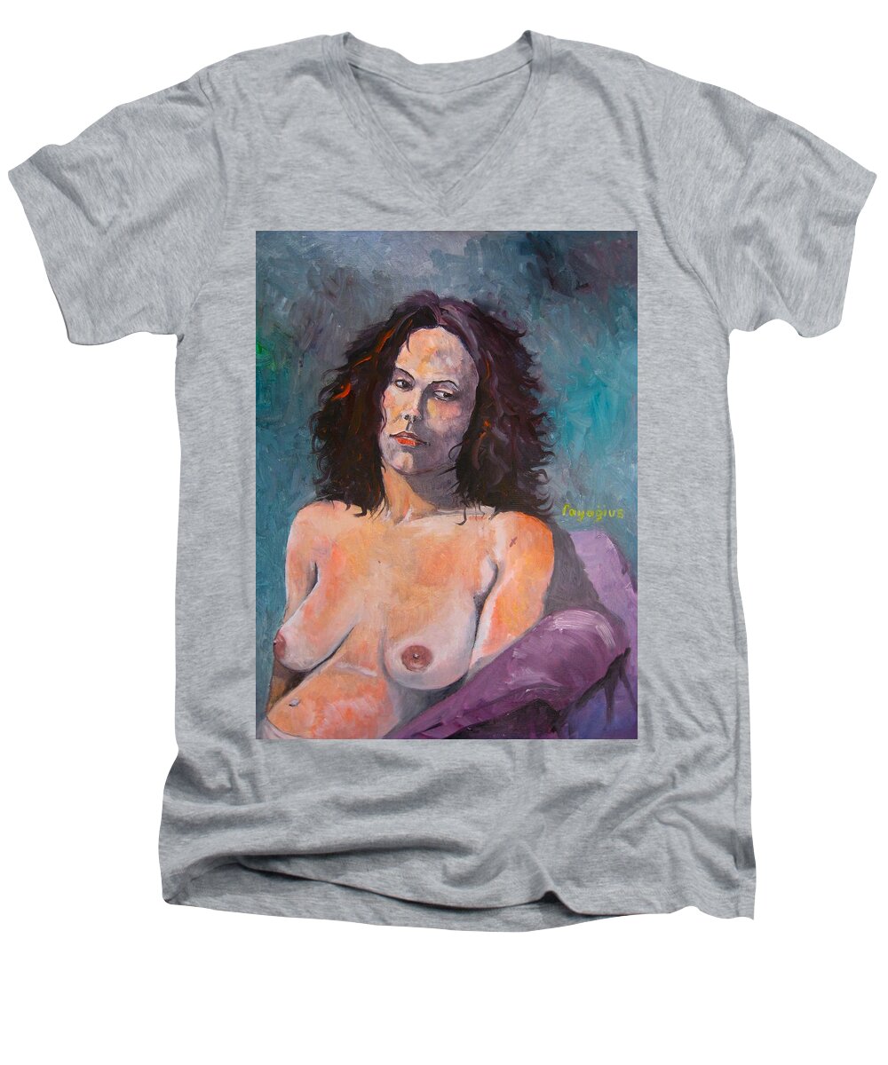 Female Men's V-Neck T-Shirt featuring the painting Amber B I by Ray Agius