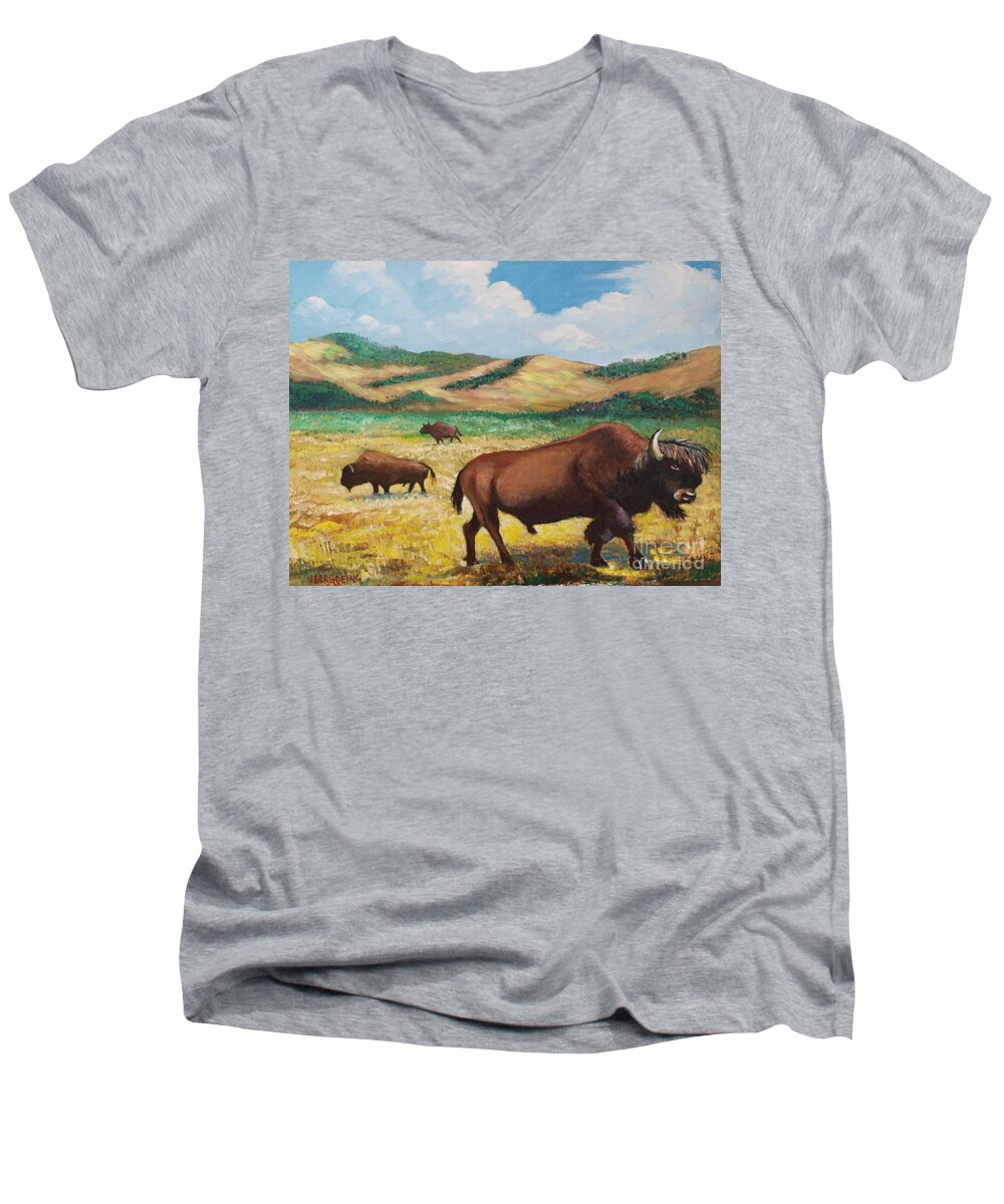 Bison Men's V-Neck T-Shirt featuring the painting American Bison by Jean Pierre Bergoeing