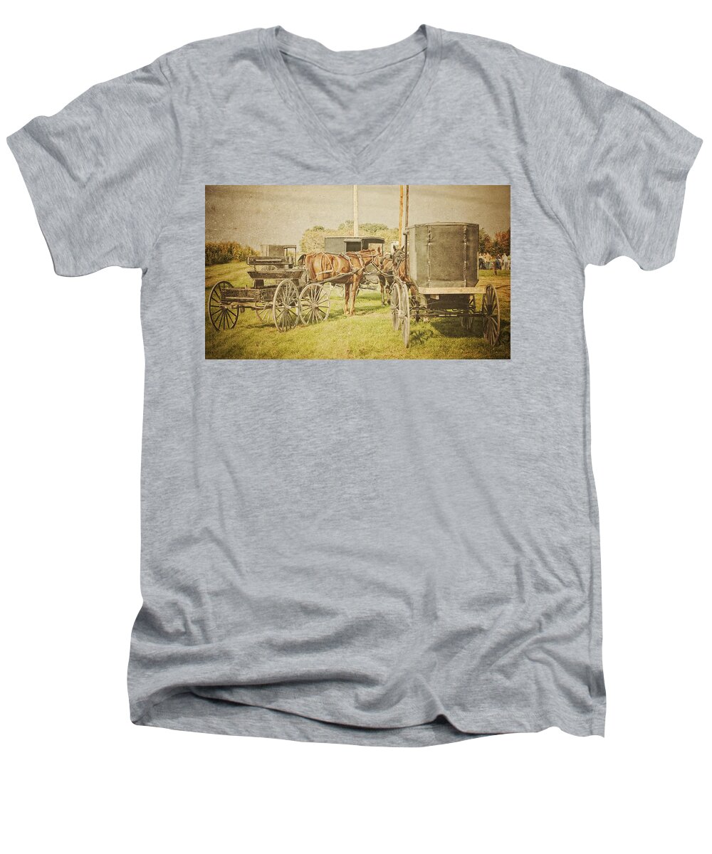 Amish Men's V-Neck T-Shirt featuring the photograph Amish wagons by Al Mueller