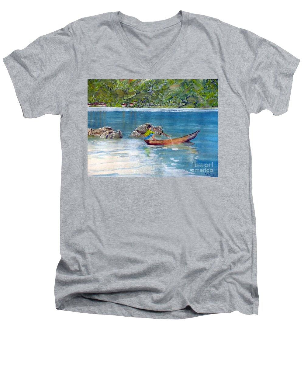 Anak Dan Perahu Men's V-Neck T-Shirt featuring the painting Anak dan Perahu by Melly Terpening