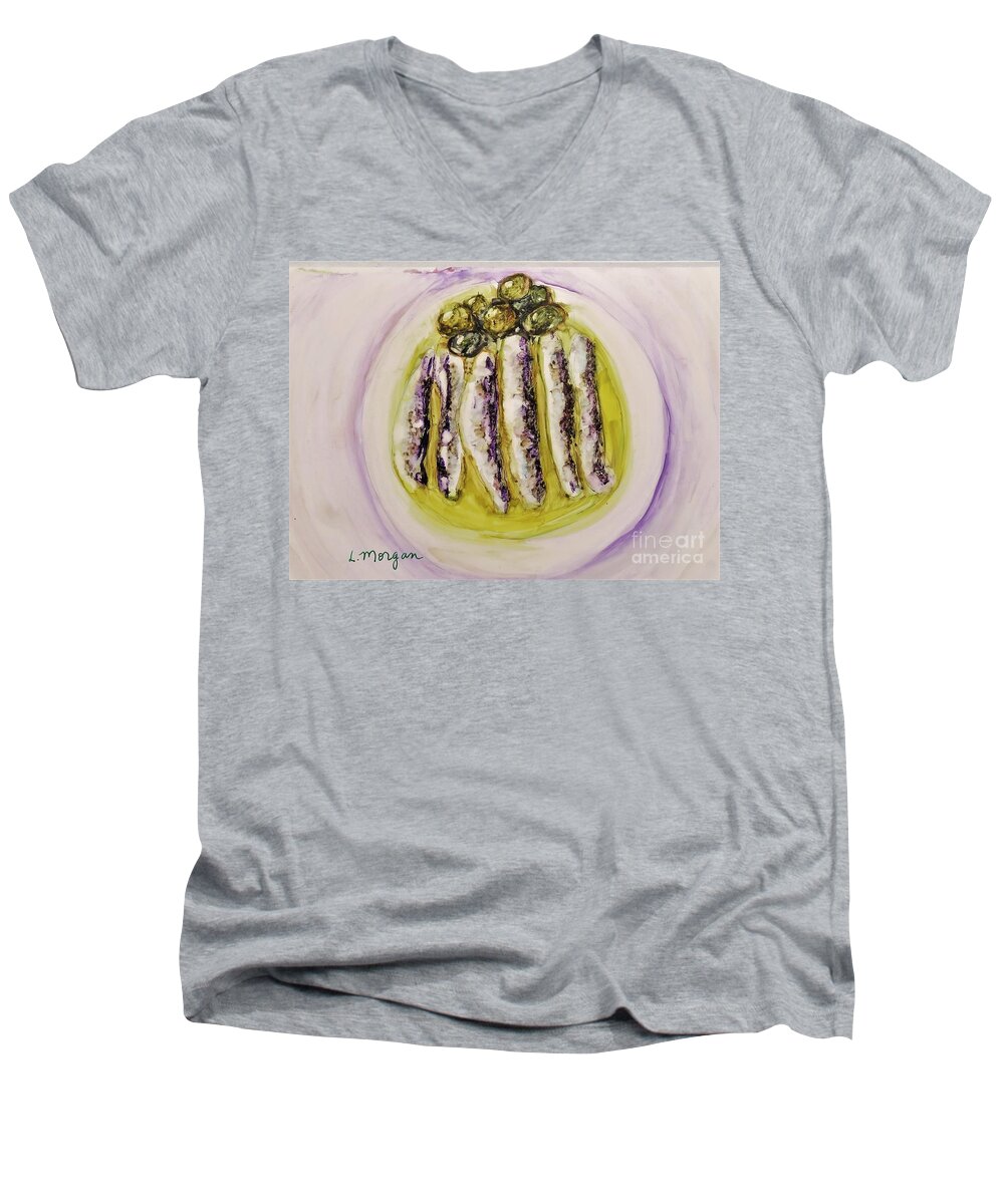 Anchovy Men's V-Neck T-Shirt featuring the painting Anchovies and Olives by Laurie Morgan