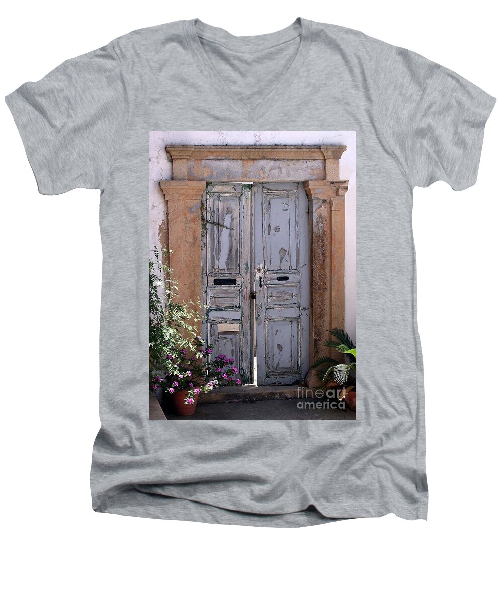 Door Men's V-Neck T-Shirt featuring the photograph Ancient Garden Doors in Greece by Sabrina L Ryan