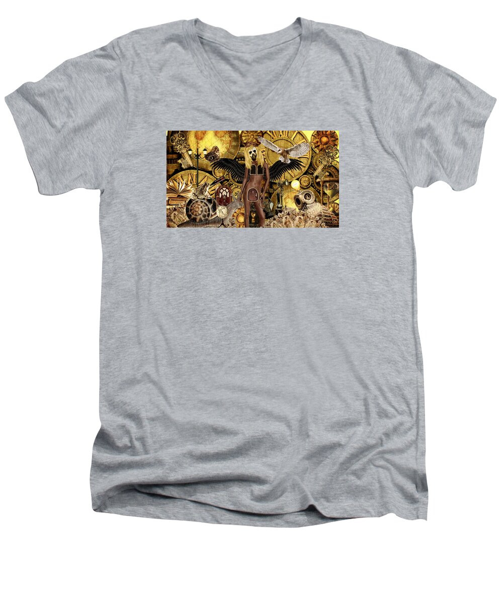 Steampunk Men's V-Neck T-Shirt featuring the mixed media Angel In Disguise by Ally White