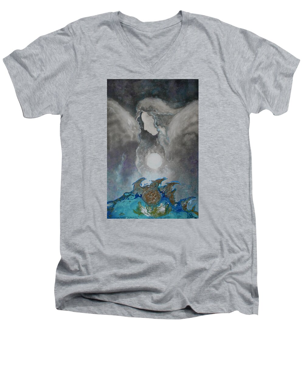 Angels Dolphins Men's V-Neck T-Shirt featuring the painting Angels And Dolphins Healing Sanctuary by Alma Yamazaki
