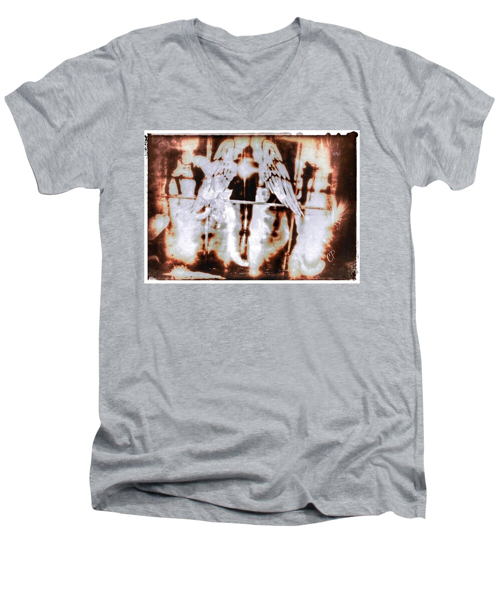  Men's V-Neck T-Shirt featuring the mixed media Angels In the mirror by Christine Paris