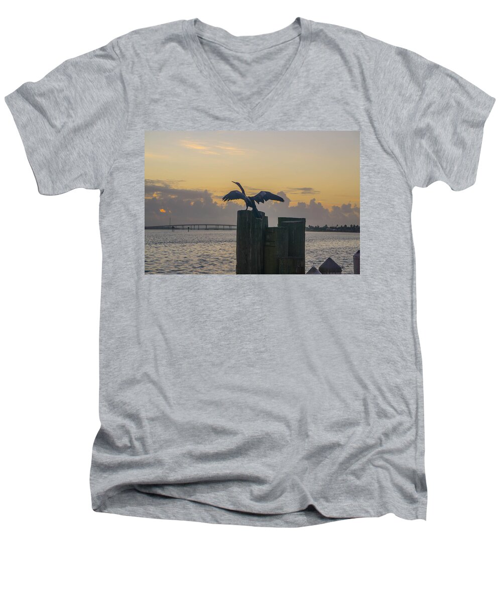 Anhinga Men's V-Neck T-Shirt featuring the photograph Anhinga Sunrise by Joey Waves