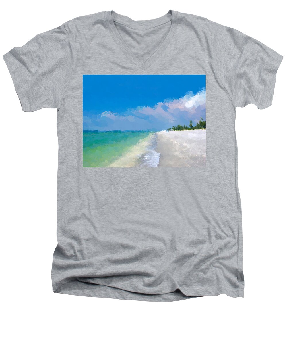 Anthony Fishburne Men's V-Neck T-Shirt featuring the mixed media Another beach day by Anthony Fishburne