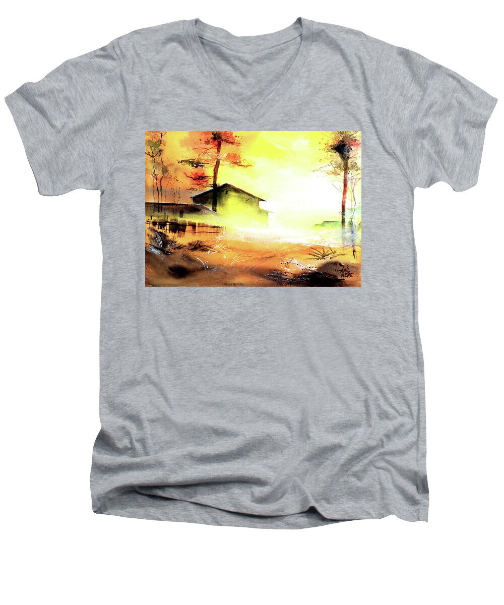 Nature Men's V-Neck T-Shirt featuring the painting Another Good Morning by Anil Nene