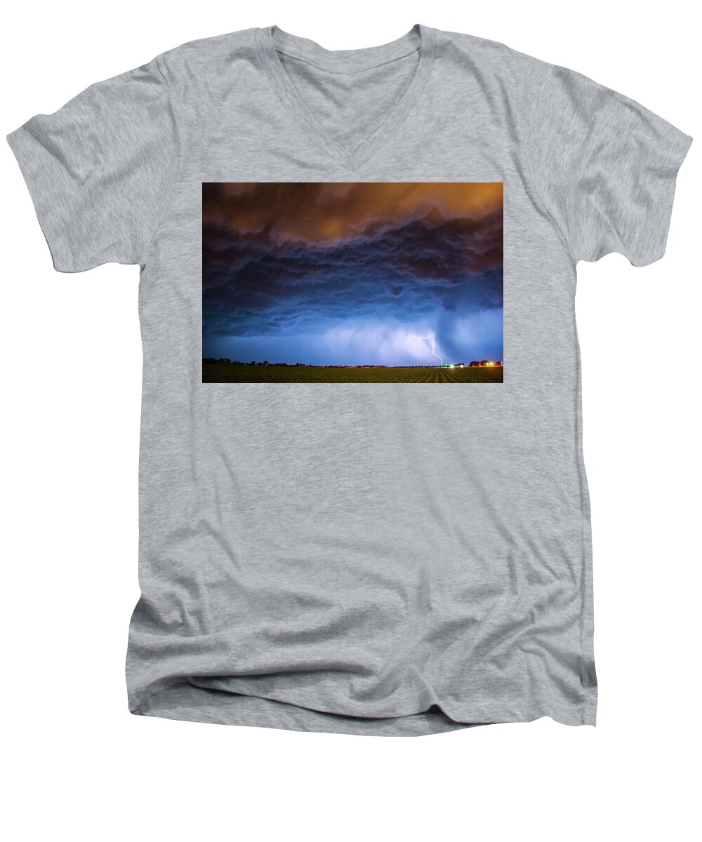 Nebraskasc Men's V-Neck T-Shirt featuring the photograph Another Impressive Nebraska Night Thunderstorm 008/ by NebraskaSC