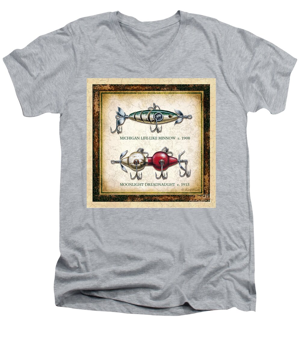 Jon Q Wright Men's V-Neck T-Shirt featuring the painting Antique Lure Panel Two by JQ Licensing