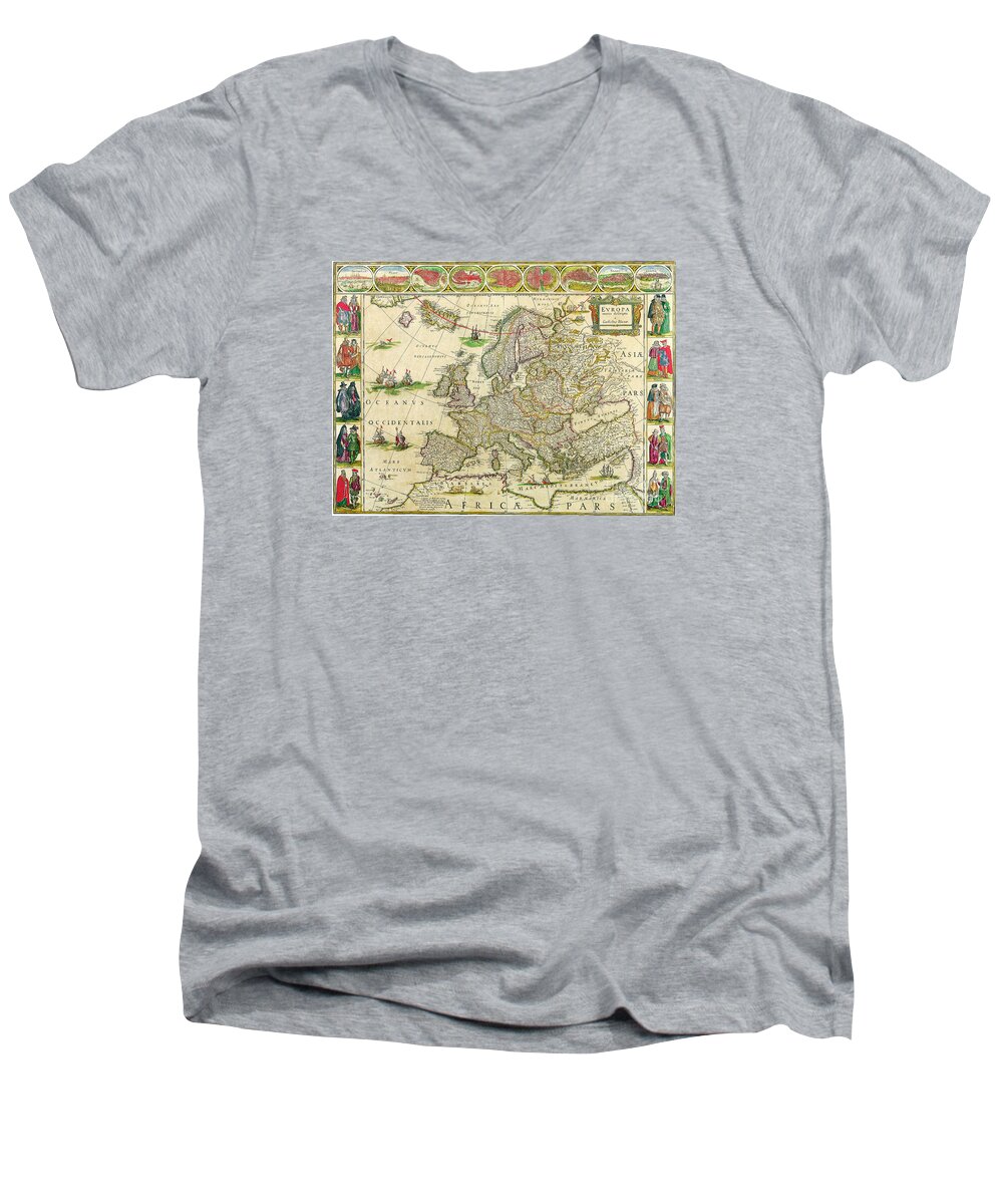 Antique Men's V-Neck T-Shirt featuring the painting Antique Maps of the World Map of Europe Willem Blaeu c 1650 by Vintage Collectables