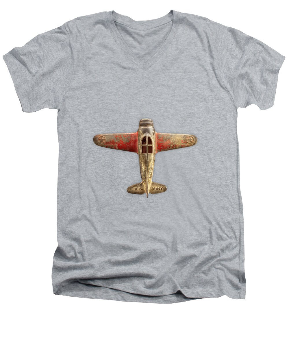 Antique Toy Men's V-Neck T-Shirt featuring the photograph Antique Toy Airplane Floating On White by YoPedro
