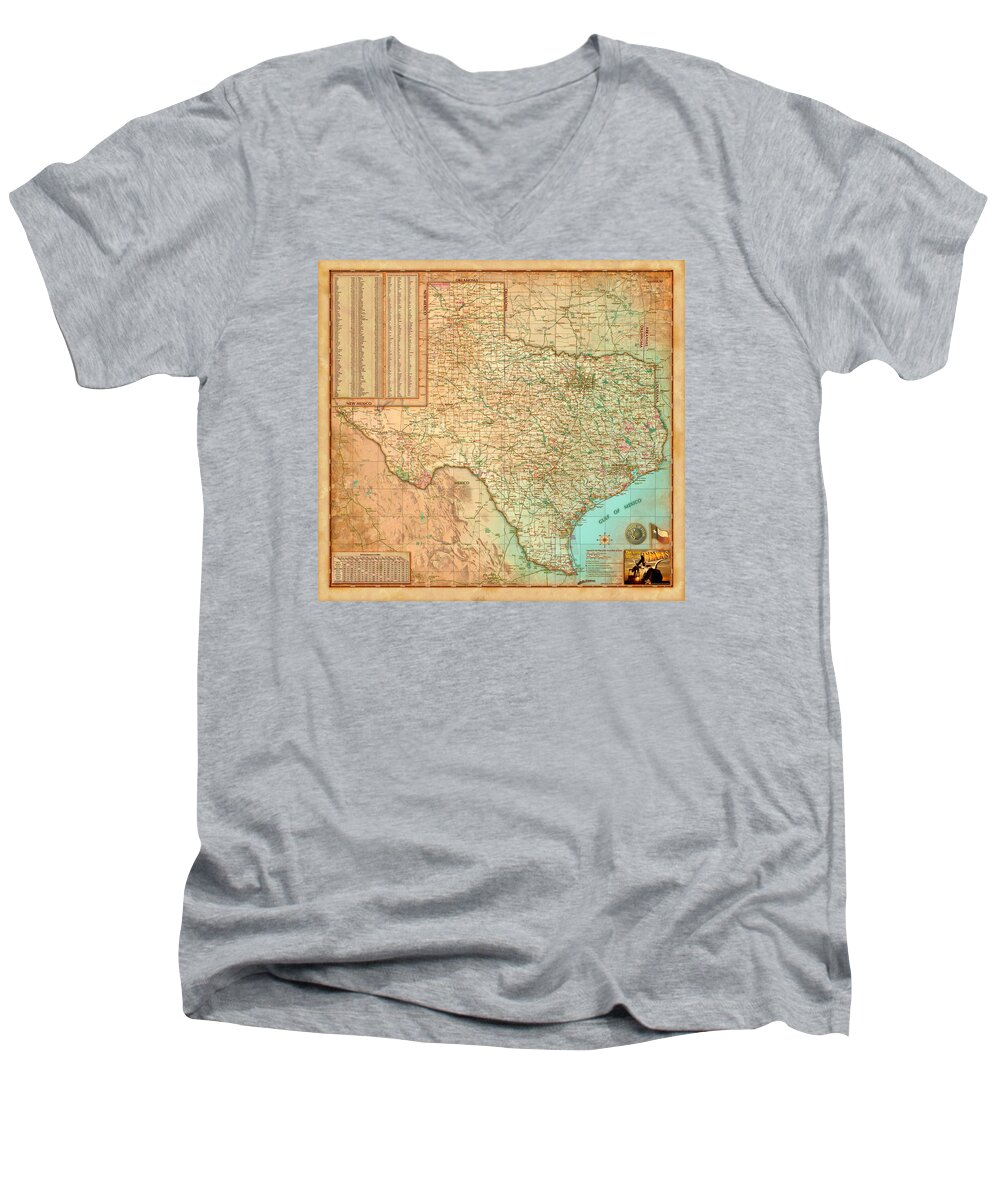 Texas Men's V-Neck T-Shirt featuring the digital art Antiqued Texas Wall Map by Compart by Texas Map Store
